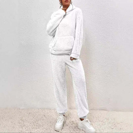 Winter Plush Pajama Set Fashion Hooded Top and Pants in soft white fleece, perfect for cozy winter nights.