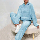Winter Plush Pajama Set Fashion Hooded Top and Pants in light blue, featuring cozy fleece fabric and stylish design.