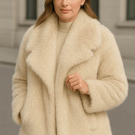 Winter plush warm fluffy lapel women's coat in a stylish casual look, designed for comfort and warmth during cold seasons.