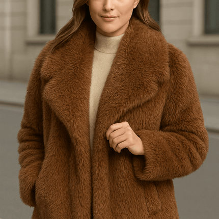 Winter plush warm fluffy lapel women's coat displayed on a model in a cozy urban setting.