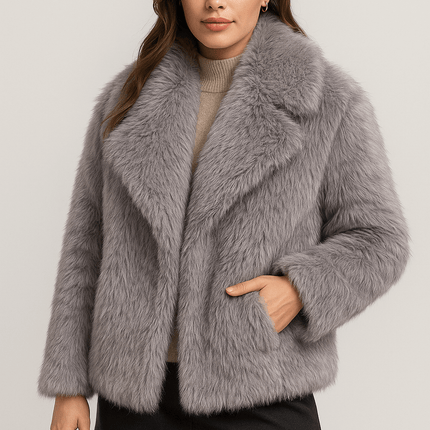 winter plush warm fluffy lapel women's coat in gray worn by a model, showcasing cozy style and comfort for cold weather.
