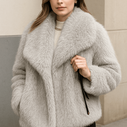 winter plush warm fluffy lapel women's coat in soft grey with lapel collar, perfect for winter outings and casual wear.