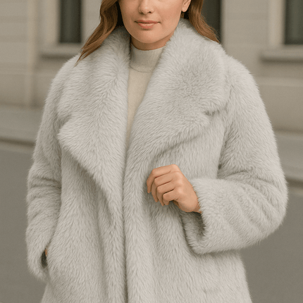 Winter plush warm fluffy lapel women's coat styled in an outdoor setting, featuring a cozy fluffy texture and stylish design.