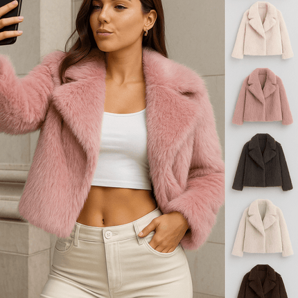 Winter plush warm fluffy lapel women's coat model showcasing soft comfort and stylish design during a photoshoot.