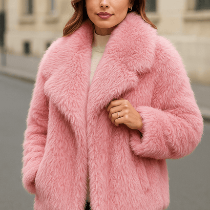 Winter plush warm fluffy lapel women's coat in pink, offering cozy warmth and stylish comfort for winter outings.