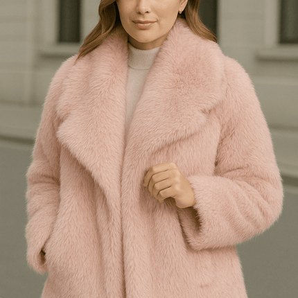 winter plush warm fluffy lapel women's coat in soft pink worn by a model outdoors, showcasing cozy warmth and stylish design.