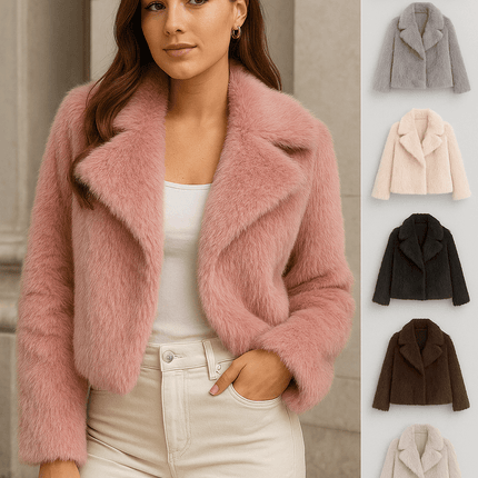 Model wearing a winter plush warm fluffy lapel women's coat in pink, showcasing warmth and style for cold weather.