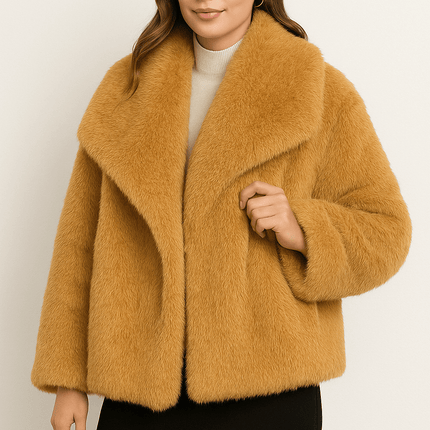 Winter plush warm fluffy lapel women's coat in a stylish amber color, showcasing cozy texture and modern design.