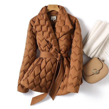 Winter Ripple Stitching Jacket caramel color front view.
