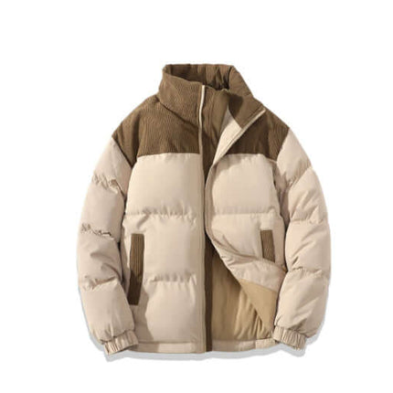 Winter Stand Collar Cotton Padded Jacket in beige and brown, featuring a stylish design and comfortable padding.