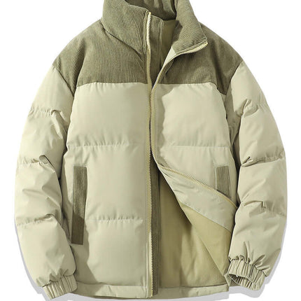 Winter Stand Collar Cotton Padded Jacket in beige and olive green with zip closure and cozy design.