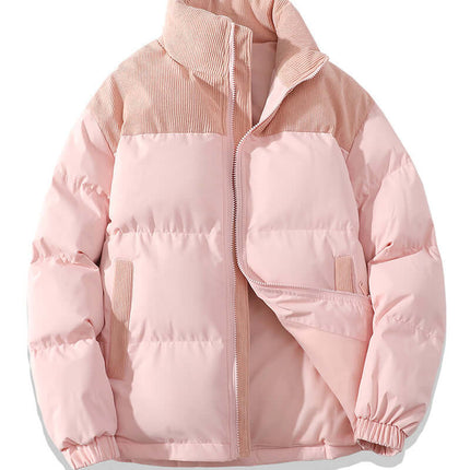 Winter Stand Collar Cotton Padded Jacket in soft pink color with a stylish design for men and women.