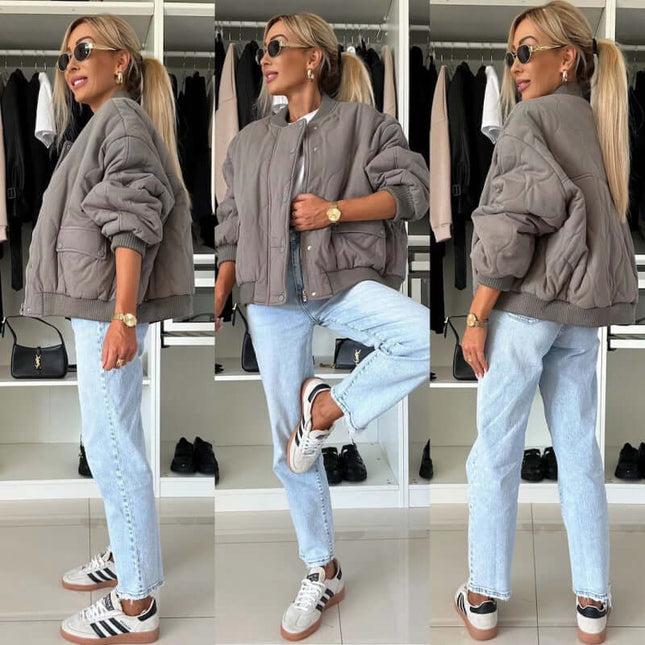 Winter Stitched Chic Fashion Casual Solid Buckle Coat worn with stylish jeans and sneakers, showcasing a trendy casual look.