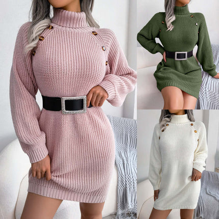 Winter Turtleneck Button Design Knit Sweater Dress army green