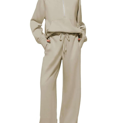 Woman Half Zip Sweatshirt And Wide Leg Pants Set half zip pullover top.