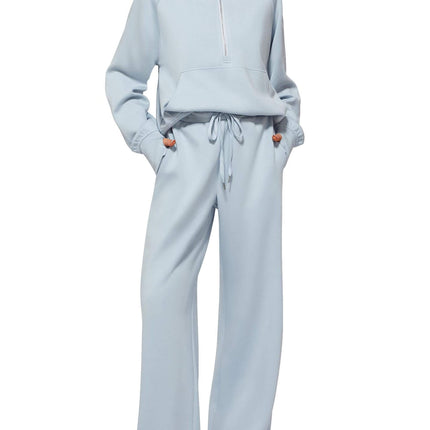 Woman Half Zip Sweatshirt And Wide Leg Pants Set regular sleeve design.