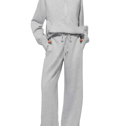 Woman Half Zip Sweatshirt And Wide Leg Pants Set solid color outfit.