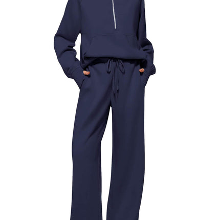 Woman Half Zip Sweatshirt And Wide Leg Pants Set unisex casual look.