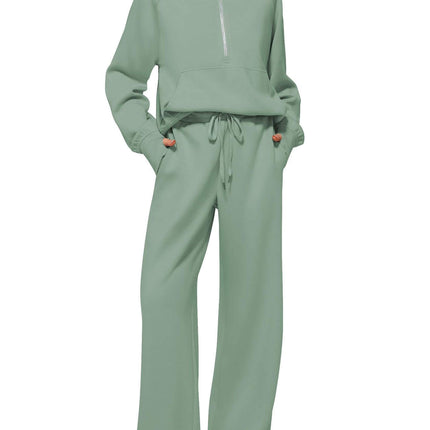 Woman Half Zip Sweatshirt And Wide Leg Pants Set versatile sport suit.