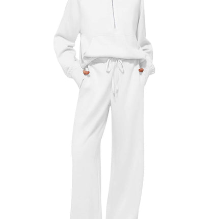 Woman Half Zip Sweatshirt And Wide Leg Pants Set everyday comfort wear.