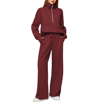 Woman Half Zip Sweatshirt And Wide Leg Pants Set long sleeve top.