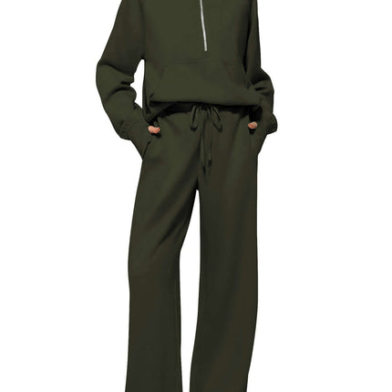 Woman Half Zip Sweatshirt And Wide Leg Pants Set brown casual set.