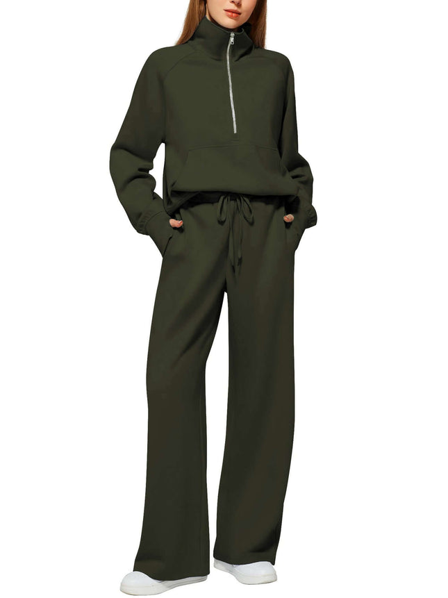 Woman Half Zip Sweatshirt And Wide Leg Pants Set brown casual set.