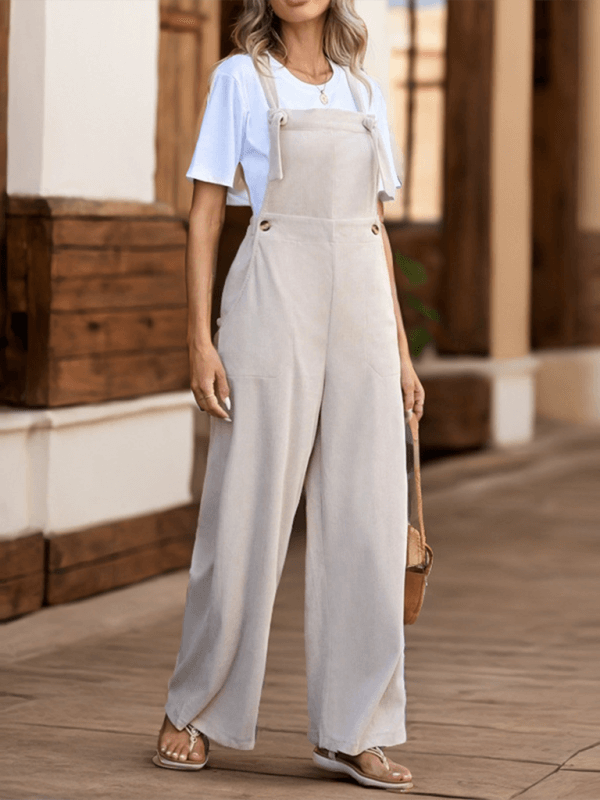 Women casual lace-up solid color overalls back view sleeveless design