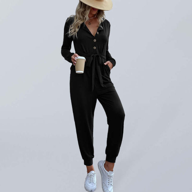 Women Casual Long Sleeve Hooded Jumpsuit front view