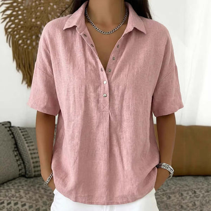 Women Casual Short Sleeve Button Pullover Top Shirt pastel pink elegant commuter button pullover shirt flat lay look