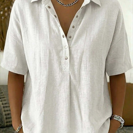 Women Casual Short Sleeve Button Pullover Top Shirt neat durable front resin button layout displaying polished luxury accenting