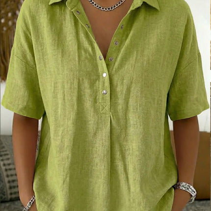 Women Casual Short Sleeve Button Pullover Top Shirt vibrant solid green breathable corporate casual pullover top layout
