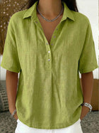 Women Casual Short Sleeve Button Pullover Top Shirt vibrant solid green breathable corporate casual pullover top layout