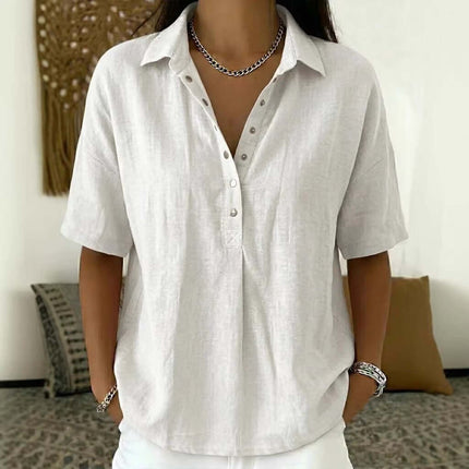 Women Casual Short Sleeve Button Pullover Top Shirt slimming timeless solid black lightweight summer pullover apparel