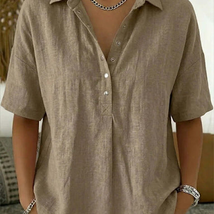 Women Casual Short Sleeve Button Pullover Top Shirt refined patchwork design placket showing precision needlework lines