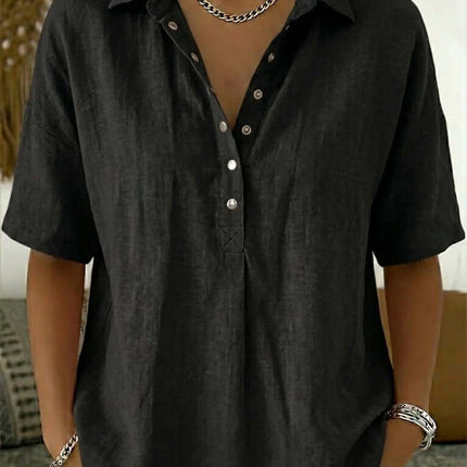 Women Casual Short Sleeve Button Pullover Top Shirt non restricting flexible regular short sleeve shoulder line close up