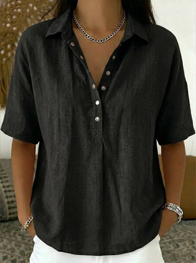 Women Casual Short Sleeve Button Pullover Top Shirt non restricting flexible regular short sleeve shoulder line close up
