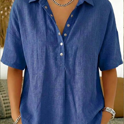 Women Casual Short Sleeve Button Pullover Top Shirt soft sky blue regular sleeve casual summer shirt display
