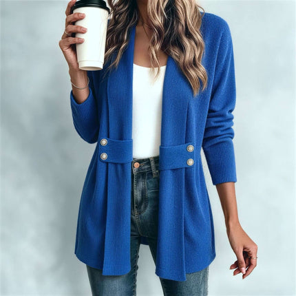 Women Casual Versatile Lightweight Outerwear Jacket in blue, worn with a white top and holding a coffee cup.