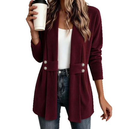 Women Casual Versatile Lightweight Outerwear Jacket, burgundy cardigan with buttons, stylish casual outfit for women.