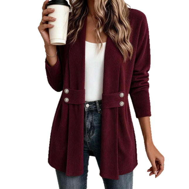 Women Casual Versatile Lightweight Outerwear Jacket, burgundy cardigan with buttons, stylish casual outfit for women.