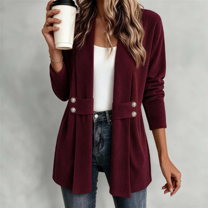 Women Casual Versatile Lightweight Outerwear Jacket in burgundy worn with coffee in hand.