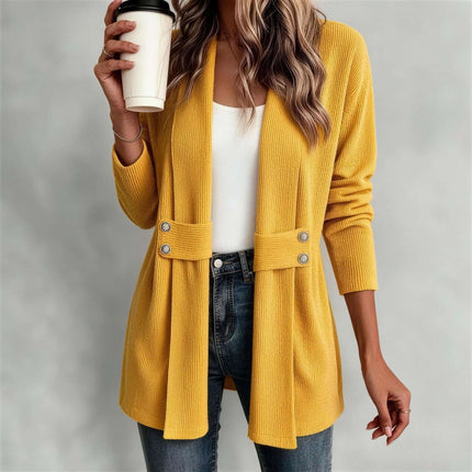 Women Casual Versatile Lightweight Outerwear Jacket in yellow with buttons, paired with jeans and holding a coffee.
