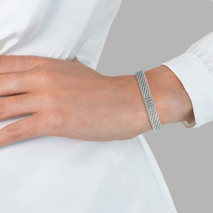 Women Chain Bracelet Golden Silver Metal Jewelry worn on wrist with elegant white blouse, showcasing its stylish design.