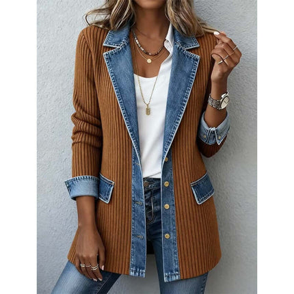 Women Denim Patchwork Jacket Fashion Commuter Lapel Top size S 63cm sleeve.