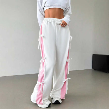 Women Elastic Waist Contrast Color Straight Trousers featuring pink side stripes and a comfortable fit.