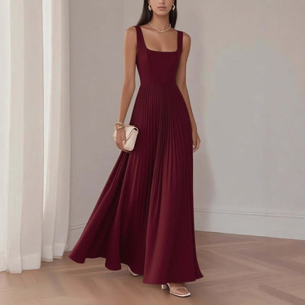 Women Elegant Sleeveless Pleated Midi A-Line Dress Graceful Pleated Design