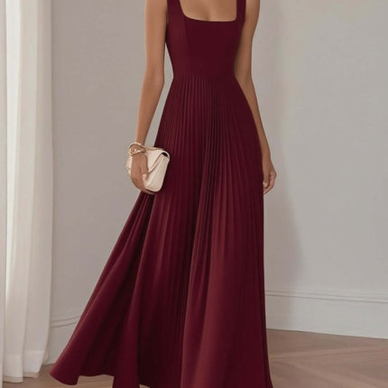 Women Elegant Sleeveless Pleated Midi A-Line Dress Sophisticated Party Outfit
