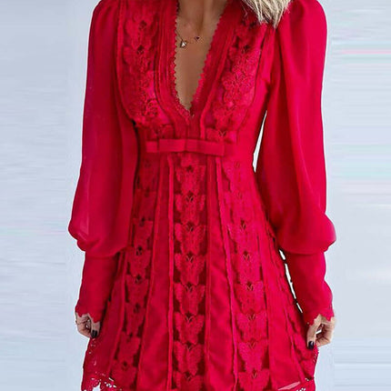 Women Elegant V Neck Lace Puff Sleeve Mini Dress in vibrant red, showcasing puff sleeves and lace detailing.