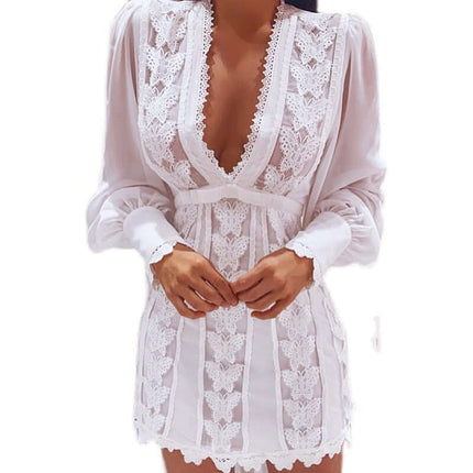 Women Elegant V Neck Lace Puff Sleeve Mini Dress in white with lace detailing and puff sleeves.